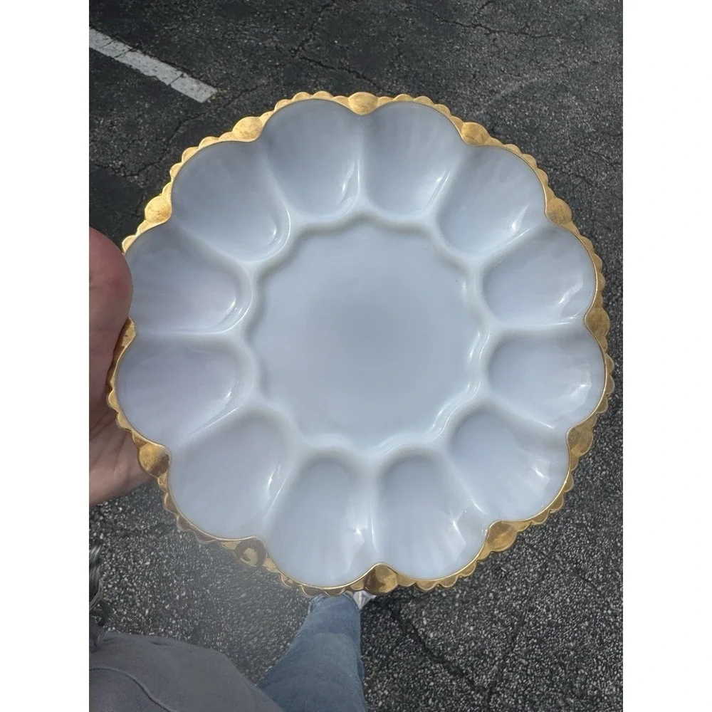 Anchor Hocking Fire King Milk Glass, Deviled Egg Plate with Gold Trim, Vintage